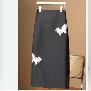 Black classic elegant style midi skirt with white butterfly embroidery sequin